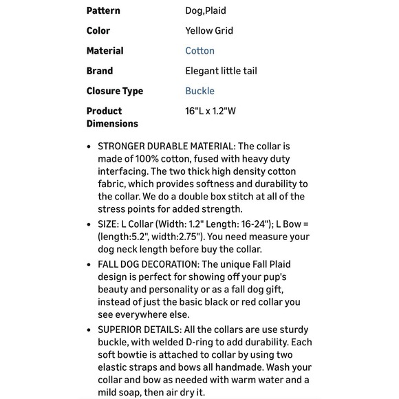 Elegant Little Tail XS Dog Collar & Bow Yellow Plaid Grid Unisex Adjustable New - Picture 10 of 11